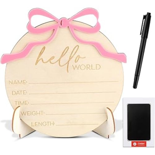 Hello World Baby Announcement Sign Kit for Baby Girl with Bow Wooden Newborn Name Sign and Stand, Baby Girl Birth Stat Sign for Hospital, Nursery Decor, and Newborn Photo Prop (Bow)