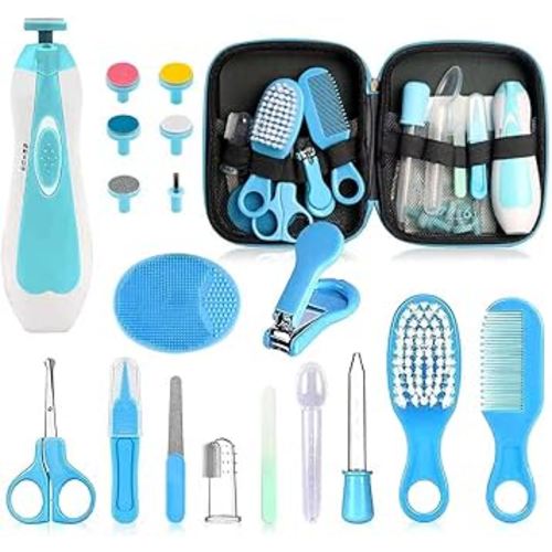 Baby Grooming Kit - 19 in 1 Nursery Essentials Baby Registry Shower Gift for Newborns, Infants, Toddlers, Boys, Girls Kids-Safety Baby Comb, Brush, Finger Toothbrush, Nail Clippers, Scissors(Blue)