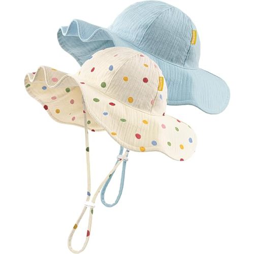 HONGTEYA Baby Sun Hat Muslin Sun Protection Toddler Bucket Hat Summer Beach Hats with Wide Brim for Girls Boys