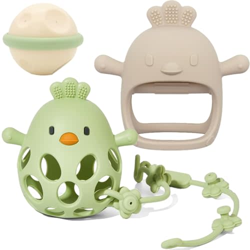 Baby Teething Toy, Silicone Hollow Chicken Teething Toys, Soft Baby Chew Toys for Sucking Needs, Bells can be Installed, Suitable for Babies of Any Age(Green+Beige)