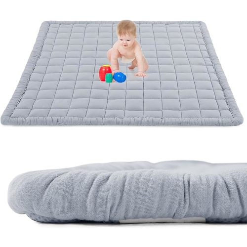 BALAPET 100% Cotton Muslin 71x59 Play Mat for Playpen, Soft Baby Playpen Mat for Kids Toddler Crawling and Play, Non-Slip and Washable Playmat, Grey