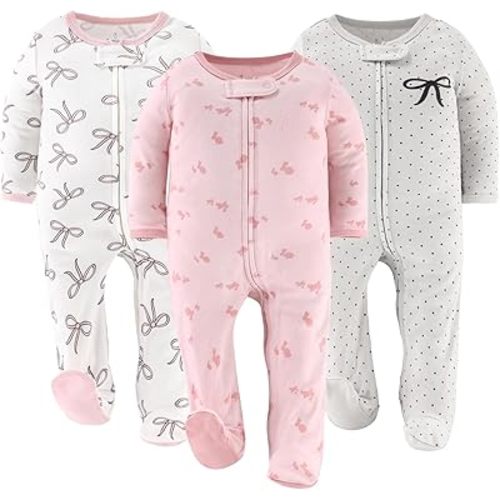 The Peanutshell Baby Sleepers for Girls Set of 3 - Soft Cotton Footed Pajamas for Newborns & Infants - Pink Balletcore
