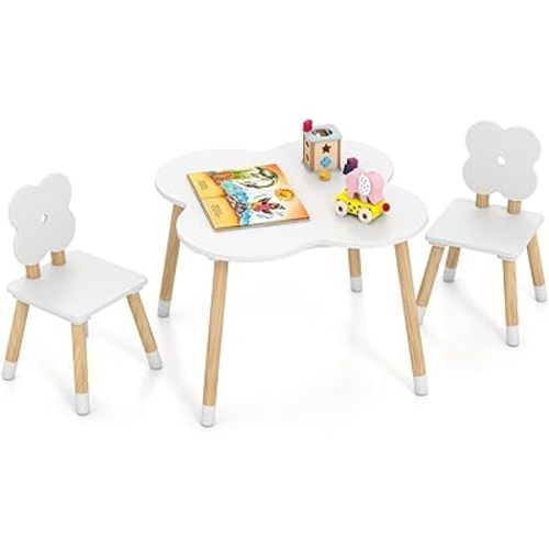 Costzon Kids Table and Chairs, Wooden Toddler Desk Set for Play, Art, Craft, Reading, Learning and Eating, Multi-Activity Table and Chairs for Classroom Daycare Home (White, Flower-Shaped)