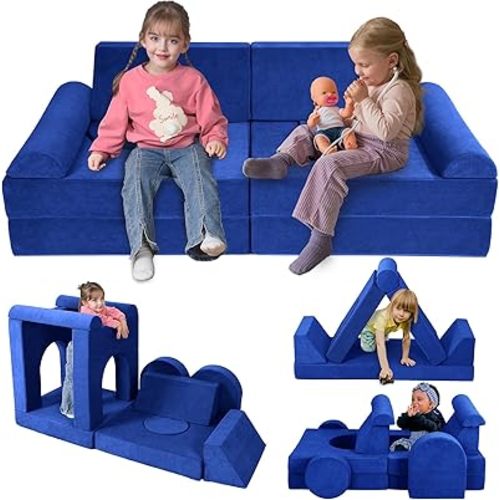 12 Pcs Modular Kids Play Couch – Premium Soft Foam, Removable Cover, Comfortable & Safe Toddler Couch for Children 1-6 Years, Portable & Easy to Clean, Ideal for Living Room & Playroom, Blue