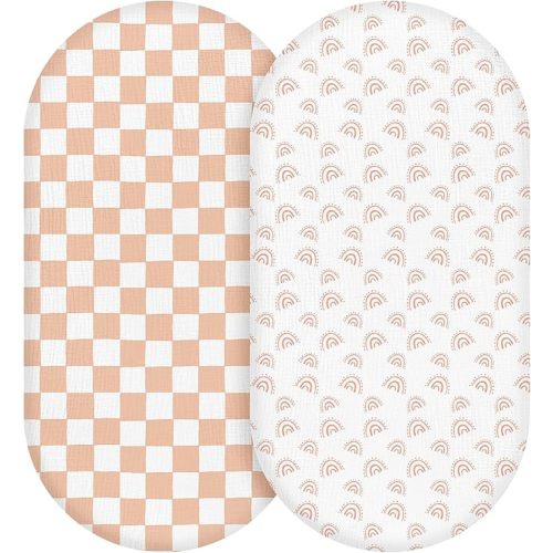 Muslin Bassinet Fitted Sheets, 2 Pack for Baby Boy and Girl, Soft Breathable Baby Pad/Mattress Sheet, Fit for Hourglass Oval and Rectangle Bassinet Mattress (Lattice Rainbow)