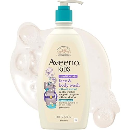 Aveeno Kids Sensitive Skin Face & Body Wash, Nourishing Oat Extract, Wash Away Dirt and Germs Without Drying, Kids Body Wash is Tear-Free, Hypoallergenic, Sulfate- & Dye-Free, 18 Fl Oz