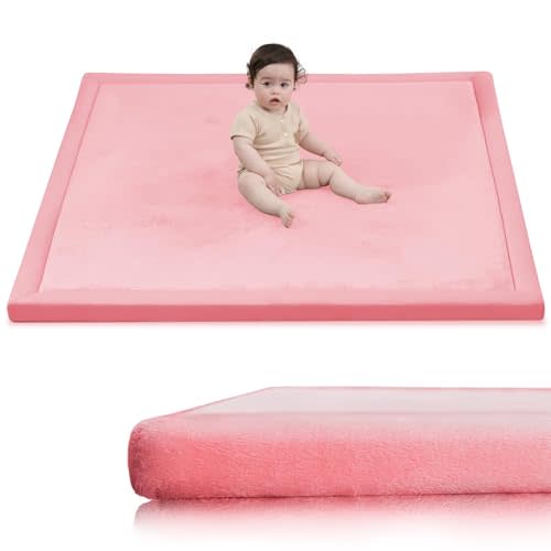 Huloo Sleep Ultra Soft Baby Play Mat for Floor,1.3" Thick Elasti-Foam 47x47 Play Mat for Playpen,Water-Repellent Coral Velvet for Tummy Time, Non-Slip Backing Safe for Toddlers & Infants（Pink）