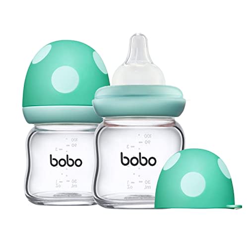 YOHKOH Natural Glass Baby Bottle with Level 1 Slow Flow Nipple, Newborn Anti-Colic Baby Bottles, Wide Neck Mushroom Baby Glass Bottle (3.4oz (Pack of 2), Blue)