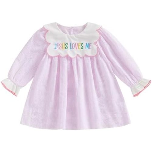 Toddler Baby Girl Easter Outfit Jesus Loves Me Embroidery Ruffle Smocked Dress Striped Princess Dresses