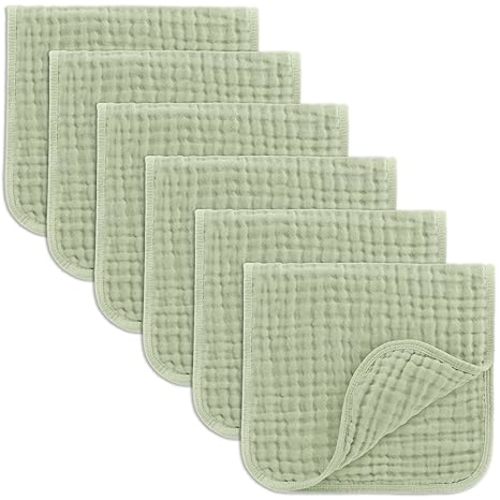 Comfy Cubs Muslin Burp Cloths 20" x 10", Pack of 6 - Large, 6-Layer, Ultra Absorbent 100% Cotton for Baby Drool and Messes - Soft, Safe & Gentle Baby Burp Cloths Set for Boys & Girls - Sage