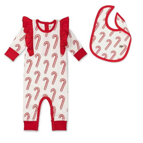 M+A by Monica + Andy Baby Organic Cotton Holiday Christmas Ruffle Romper + Bib 2 Piece Bundle Set, Sizes Newborn - 9 Months