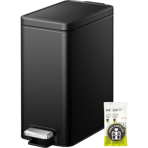 EKO Small Bathroom Trash Can with Lid Soft Close, Step Pedal, 10 Liter / 2.6 Gallon Stainless Steel Garbage Can with Removable Inner Bucket, Anti-Fingerprint Finish (Matte Black)