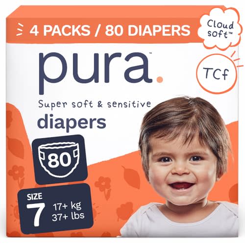 Pura Baby Diapers Size 7-80 Count, 37+lbs, 12hr Leak Protection, Cloud Soft & Gentle Diapers for Hypoallergenic & Sensitive Baby Skin, Toxin-Free*, Organic Cotton, Blowout Blocker™, New Size Guide