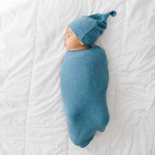 Heather Blue Ribbed Swaddle & Hat Set - Little Sleepies
