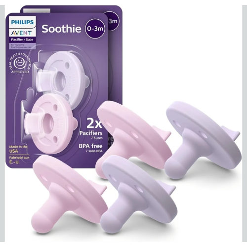 Philips Avent Soothie Baby Pacifiers - 100% Silicone Pacifiers for Babies 0-3 Months, One-piece Design, BPA-Free, Extra Durable, Lilac and Pink, 4 Pack, Model SCF190/70