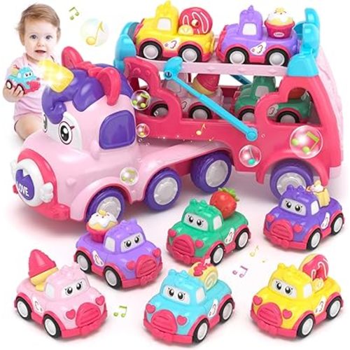 usrela 7 in 1 Unicorn Carrier Truck Toy for 1 2 Year Old Girl Car with Light & Music, Princess Toddler Girl Toys Age 2 3, Girl Car Toys for 1 2 3 Year Old Birthday Gifts Christmas for Baby Girl