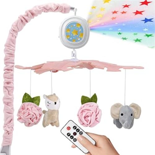 Baby Crib Mobile with Rotating Frame, Music Star Projection Night Light & Remote Control, 4 Plush Hanging Ornaments, Baby Mobile for Crib Toys, Nursery Newborn Infant Girls Gift Toys