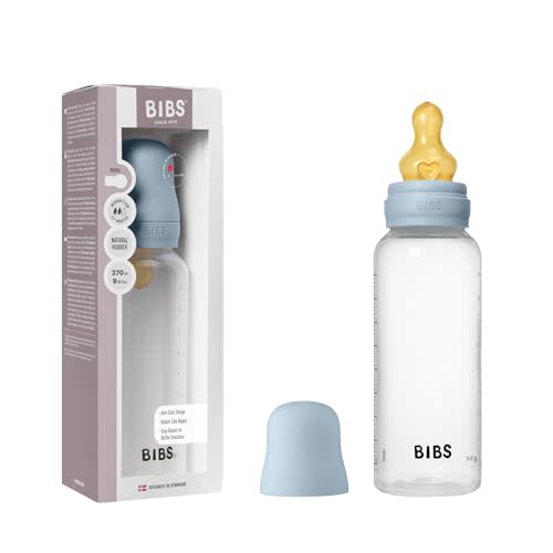 BIBS Baby Bottle 9 oz / 270 ml Natural Rubber Latex Nipple - Anti-Colic, BPA-Free, Round Nipple, Medium Flow, Lightweight & Easy to Clean, Suitable for Newborns 0+ Years - Baby Blue