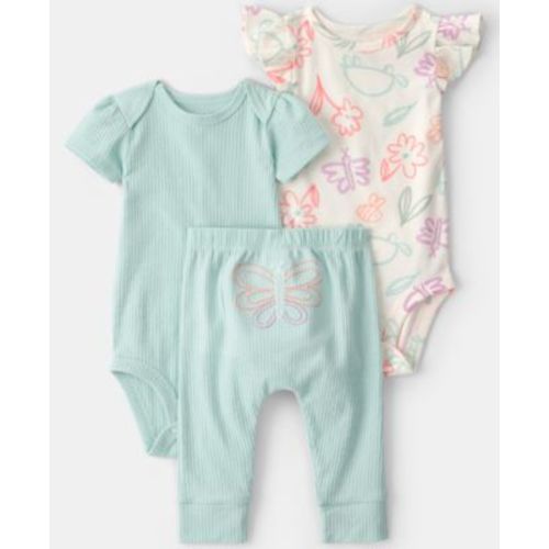 Baby Girls' Butterfly Print Bodysuits and Pants, 3-Piece Set