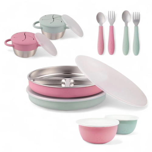 Stainless Steel Mealtime Bundle | Plates, Bowls, Snack Cups + Toddler Utensils | Normal Sleeves | Blush/Sage