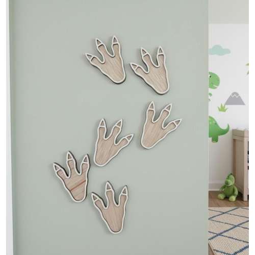 Set of 6 Wooden Dinosaur Footprints | Nursery Wall Decor | Single or Double Layer with Acrylic | Dino Themed Room Accessories | Kids Bedroom
