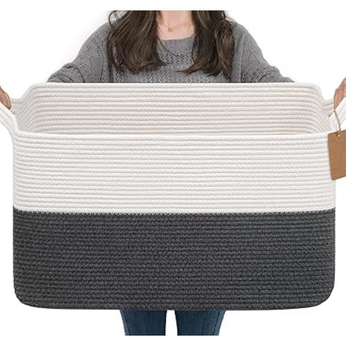 Goodpick Woven Storage Baskets for Organizing 22”x17”x12” Large Blanket Basket for Living Room Bedroom, Rectangle Toy Baskets Storage Kids with Handles, Dark Gray