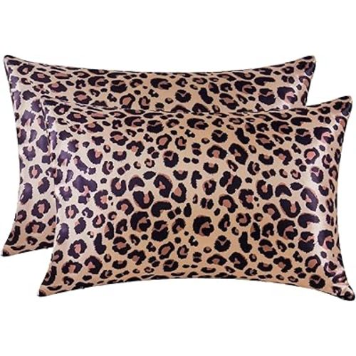 MR&HM Satin Pillowcase for Hair and Skin, Silk Satin Pillowcase 2 Pack, Toddler Size Pillow Cases Set of 2, Silky Pillow Cover with Envelope Closure (13x18, Brown Leopard)