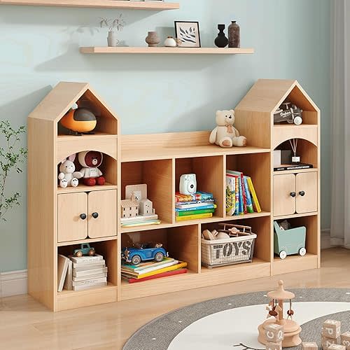Vabches Kids Bookcase and Toy Storage Organizer, Children Bookshelf, Castle Shape, Playroom Furniture Multipurpose Shelf for Toddlers to Organize Toys and Books Magic Castle, Oak