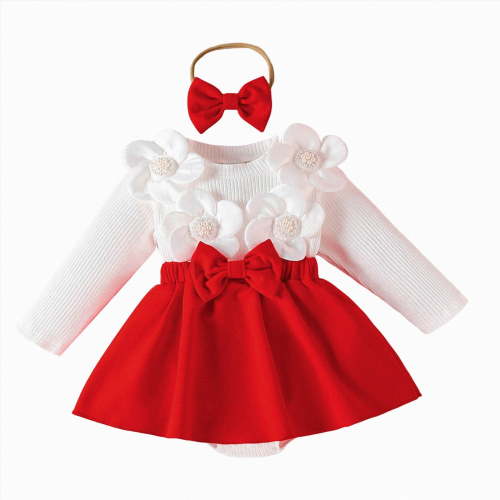 Ccpelsie Newborn Baby Girl Fall Winter Outfits Infant Ribbed Romper Dress Ruffle Long Sleeve Clothes Jumpsuit(Red,0-3 Months)