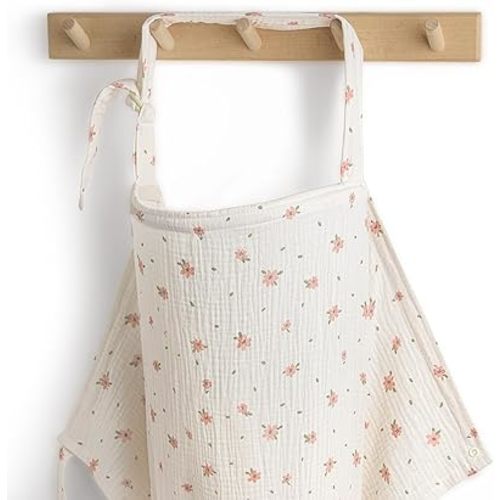 Blissful Diary Muslin Nursing Cover for Breastfeeding, Breathable Breastfeeding Cover up with Arch Neckline for Women, Nursing Apron (Pink Floral)