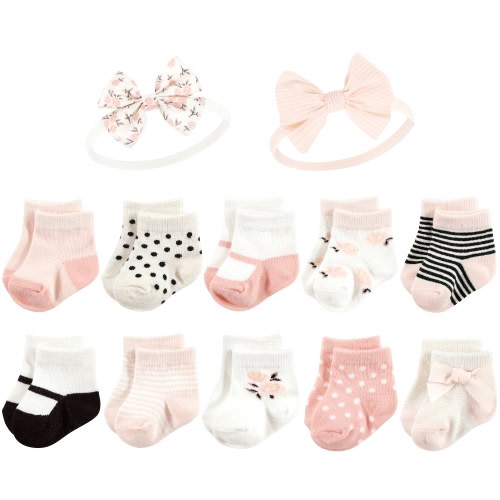 Hudson Baby Infant Girl Sock and Headband 12pc Set, Soft Pink Roses, 0-9 Months - Soft Pink Roses
