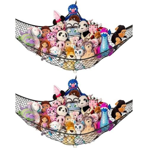 Lilly's Love Large Stuffed Animal Hammock | Corner Hanging Organizer, Stuffed Animal Storage | Easy to Hang Plushie Net w/Included Anchors & Hooks | Cute Room & Bedroom Decor (Black, 2 Pack)