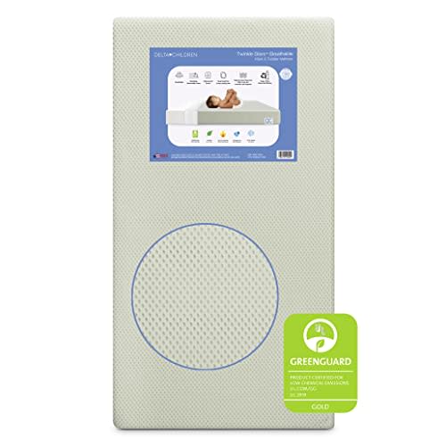 Delta Children Twinkle Stars Breathable Baby Bed Crib Mattress and Toddler Mattress with Removable/Machine Washable Cover - GREENGUARD Gold – Waterproof - Sustainably Sourced Core Fiber Core, Green