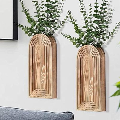 2 Pack Wooden Wall Vase Set - Brown Finish Modern Farmhouse & Boho Wall Decor for Entryway, Hallway, Bathroom, Living Room, Dining Room, Narrow Spaces