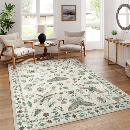 Lahome Insect Print Washable Rugs for Living Room, Soft 6x9 Area Rugs for Bedroom, Ultra-Thin Non Slip Modern Area Rug Low Pile Stain Resistant Throw Carpet for Dining Room Office(6'x9',Beige)