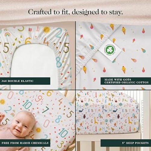 100% Organic Cotton Mini Crib Sheets (3-Pack) – GOTS Certified, Soft Fitted Sheets for Mini Mattress & Pack n Play, 5 in Deep Pocket with Secure Elastic Fit, Boys & Girls, (27" x 39") Little Learners