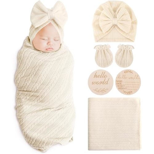 Newborn Receiving Blanket with Bow Hat Mittens Wooden Card Set Wheat-Pattern Newborns Toddler Baby Boy Girl Nursery Swaddle Wrap