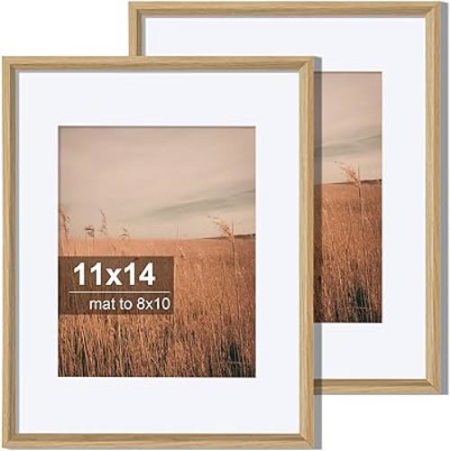 Axeman 11x14 Picture Frame Set of 2, Display 8x10 Pictures with Mat or 11x14 without Mat, Thin Border Wall Gallery Photo Frames for Wall and Tabletop Display, Natural