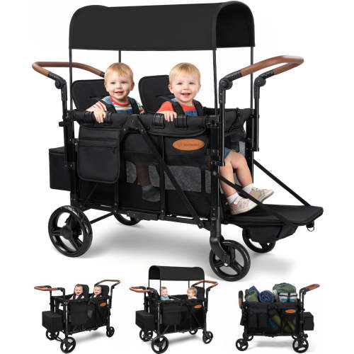 Vomeast Upgrade Wagon Stroller for 2 Kids, 2-Seater Outdoor Baby Stroller Wagon with Canopy, 5-Point Harness, Adjustable Handle(Black)