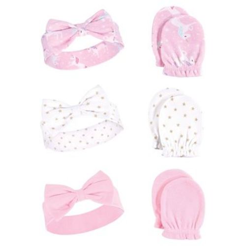 Hudson Baby Infant Girls Cotton Headband and Scratch Mitten 6pc Set, Unicorn, 0-6 Months
