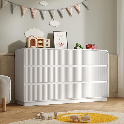 BORNOON Dresser for Bedroom with 9 Drawers, Fluted Chest of Drawers with Round Curved Corner, Hidden Handles, Modern Wood Storage Organizer for Bedroom, Nursery, Living Room