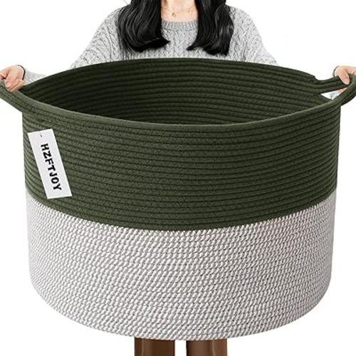65L Large Blanket Basket,Woven Rope Laundry Basket-Green&White