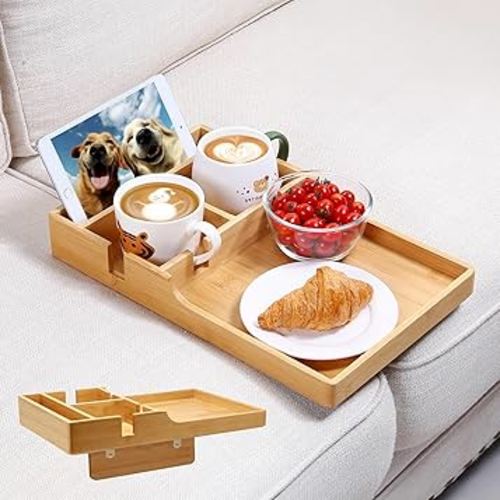 Nnewvante Couch Tray, 2-in-1 Insert & Flat Sofa Organizer Bamboo with 2 Cup Holders,Fits Seat Gaps or Ottomans,for Snacks, Drinks, Remotes,15.35x9.84-inch