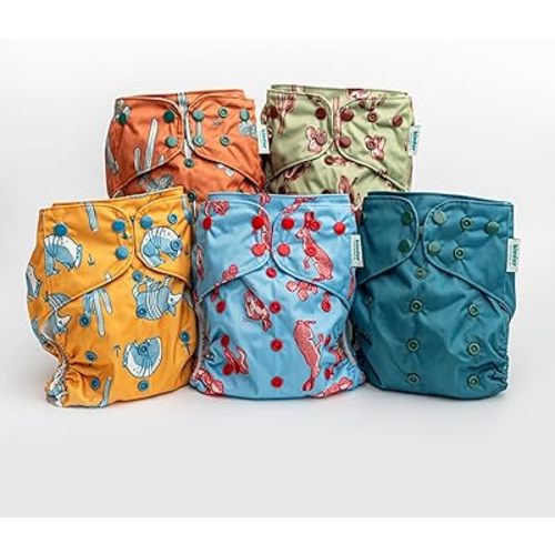 Kinder Cloth Diapers Set of 5 Reusable Baby Diapers Pocket Style Athletic Wicking Jersey, Newborn to Potty 7-60lbs, One Size, Inserts NOT Included (Western Wildlife)