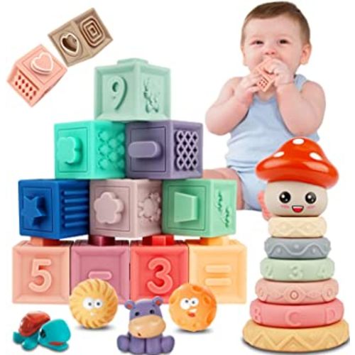 Uiopy Baby Toys 6 to 12 Months, 3 in 1 Montessori Toys for Babies 0-3-6-12 Months, Baby Teething Toys, Sensory Developmental Educational Toys for Toddler, Stacking Building Blocks for Infants(25 Pcs)