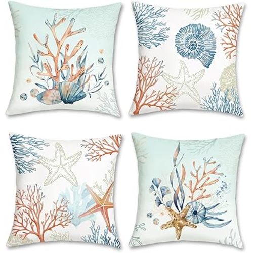 Bonhause Coastal Throw Pillow Covers 18 x 18 Inch Coral Starfish Seashell Beach Decorative Pillow Cases Ocean Blue Cushion Covers for Couch Sofa Bed Home Decor Set of 4