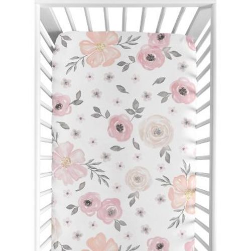 Sweet Jojo Designs Watercolor Floral Fitted Crib Sheet - Pink/gray