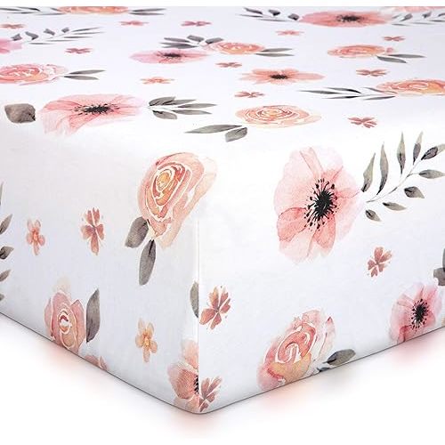 Pink Floral Girl Crib Sheet - 100% Finely Combed Cotton, Breathable, Super Soft Watercolor Rose Baby Girl Crib Sheets, 52' x 28' x 9' Fits Standard Mattress