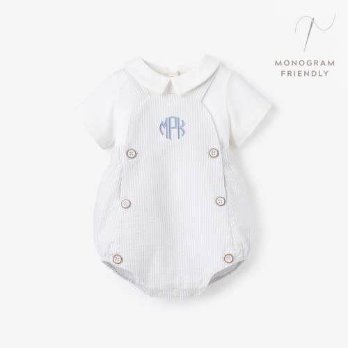 Blue Seersucker Overall Bubble + Collared Shirt
