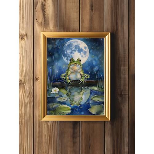 Frog Under the Full Moon Art Print, Dark Cottagecore Frog Painting, Sage Green Goblincore Wall Decor, Vintage Frog Wall Art, Frog Lover Gift